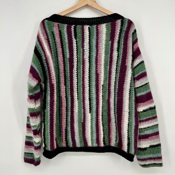 Hand Knit Wool Sweater Womens Large Chunky Colorful Stripe Boatneck Multicolored - Picture 4 of 11